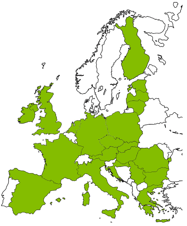 A map of Europe with most countries colored green