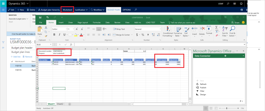 Excel sheet with Dynamcis 365 open in the background