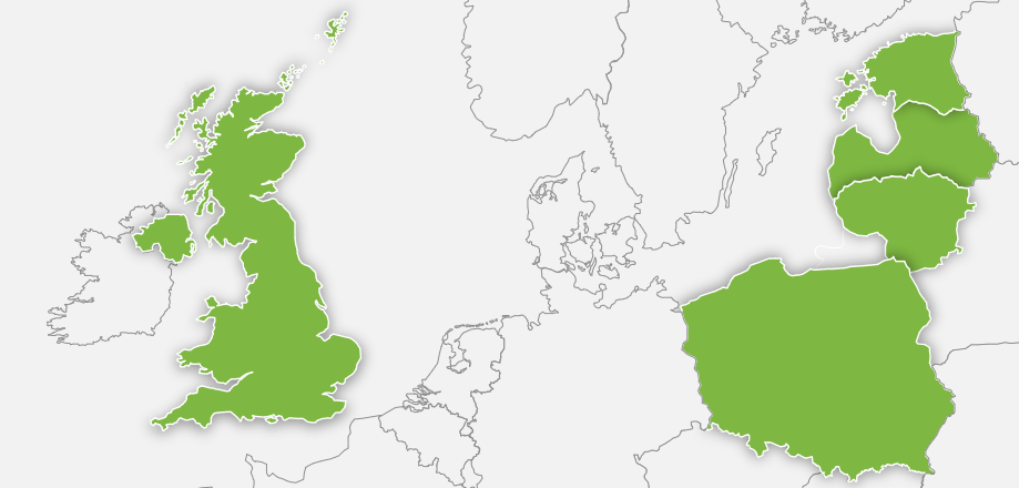Map of Europe with Poland, Lithuania, Estonia, Latvia and Unite Kingdom highlighted in Green